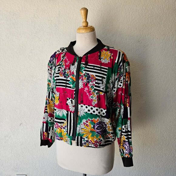 Vintage Jackets & Blazers - Speed Limit MPH Vintage 90s Patchwork Multicolor Floral Beaded Bomber Jacket S